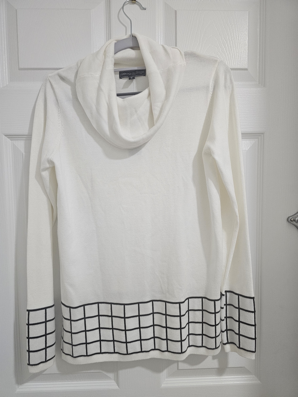 Cozy White/Cream Cowl-Neck Sweater with Black Grid Trim